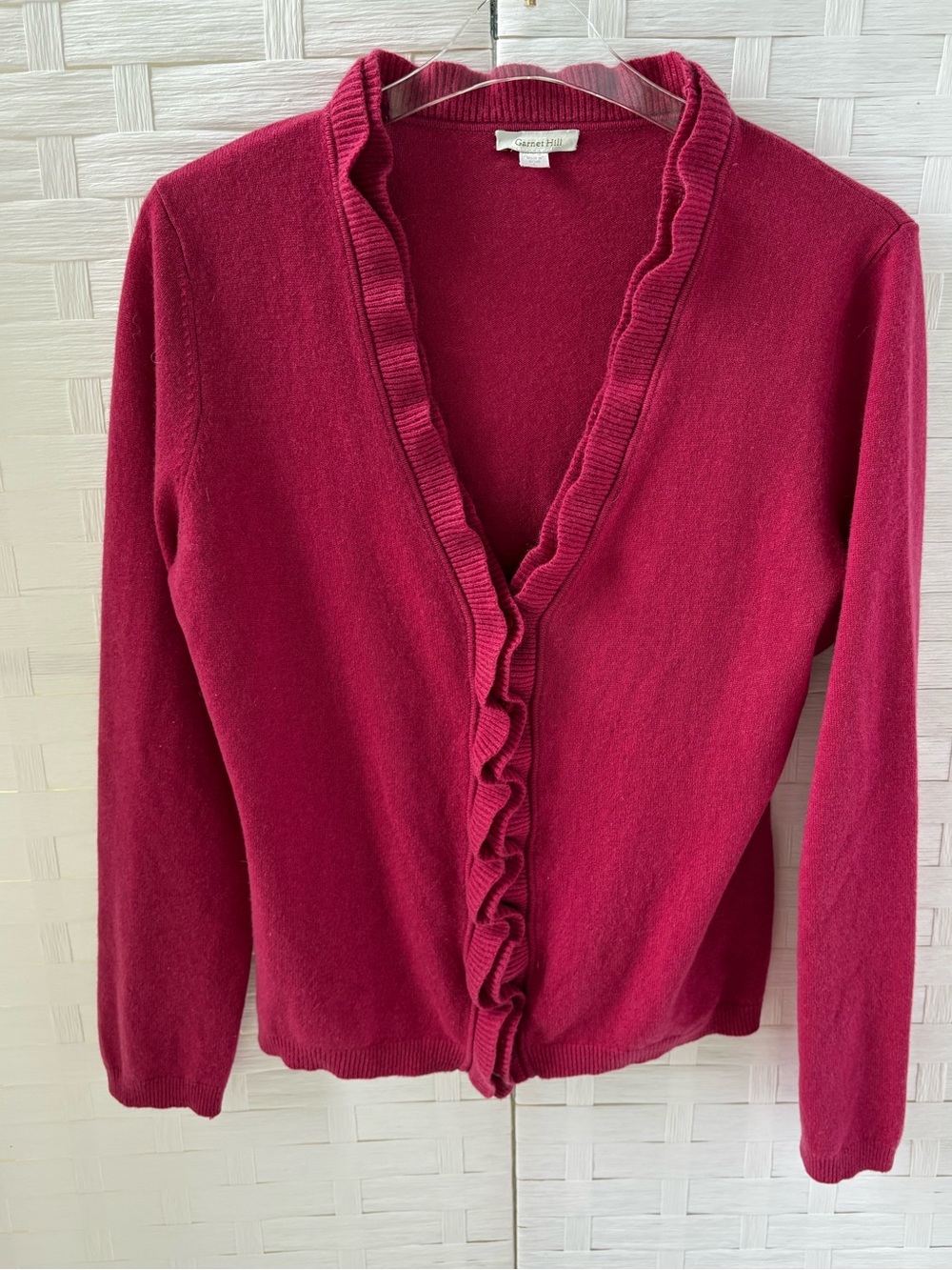 Garnet Hill Size L Ruffle Button Trim V Neck Cardigan Raspberry 100% Cashmere